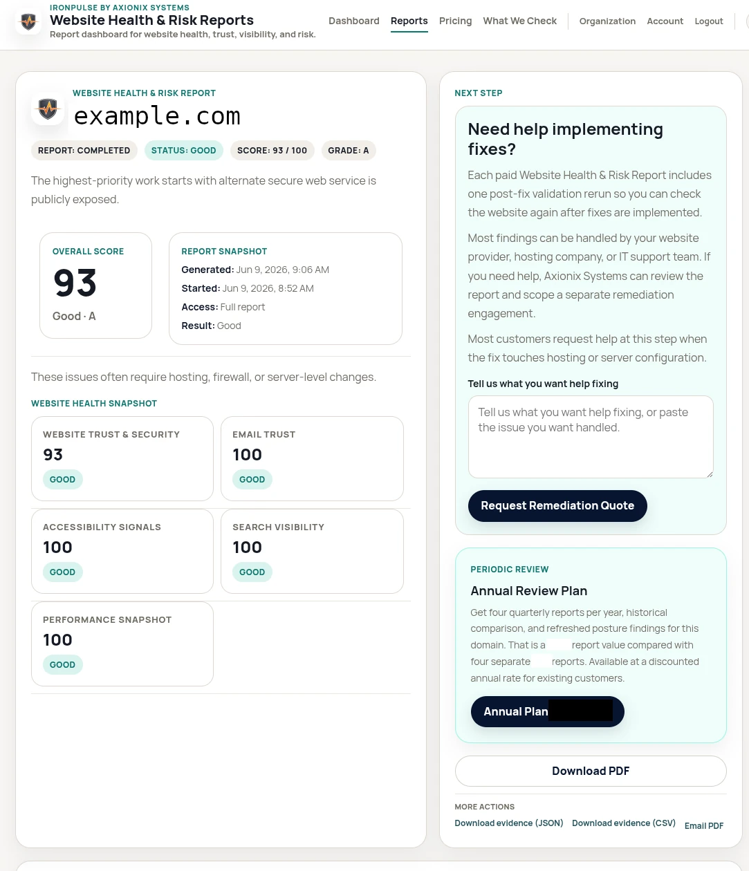 IronPulse Website Health & Risk Report Dashboard