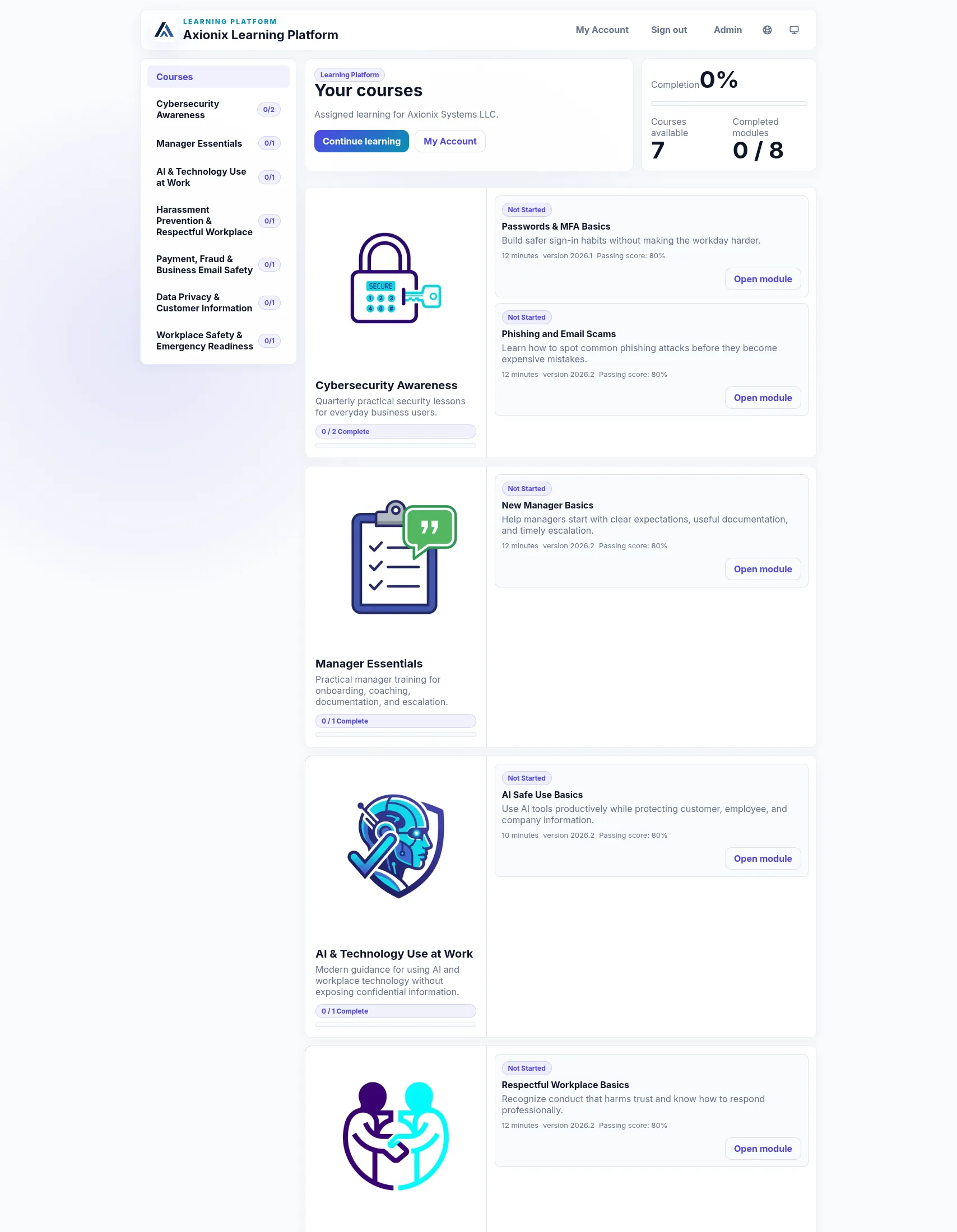 Axionix Learning Platform learner courses dashboard